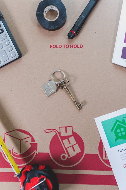 A photograph shows a workspace related to house removals and packing at a property or planning area. Visible items include a cardboard moving box with printed red icons for packing and transporting furniture, a yellow tape measure partially visible at the bottom, a set of keys attached to a keyring with a small house-shaped charm, a roll of black adhesive tape, a black marker, and a white tablet device with a colorful graphical display. Additional objects include a calculator on the left side and printed documents or maps on the right side. The cardboard box has clear instruction text, 'FOLD TO HOLD,' printed in red. The setting suggests preparation for a home relocation, with tools and packaging materials organized for loading and transport by [COMPANY_NAME], a professional removals service specializing in furniture transport and moving logistics. The scene is well-lit with neutral tones, emphasizing the equipment and materials involved in the packing and moving process.